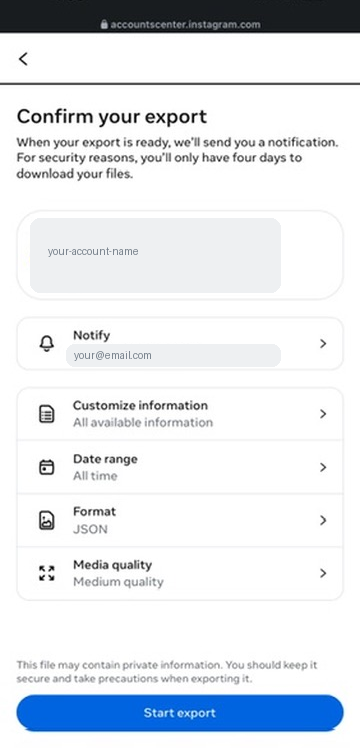 Meta Accounts Center: Confirm your export screen with All time, JSON selected