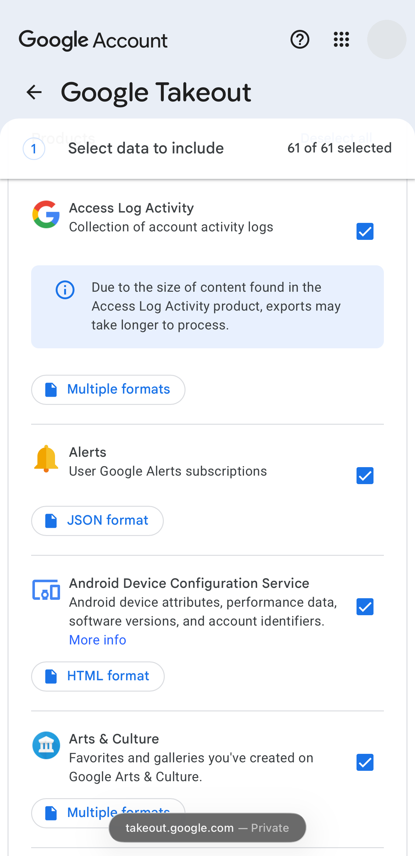 Google Takeout: Select data to include screen