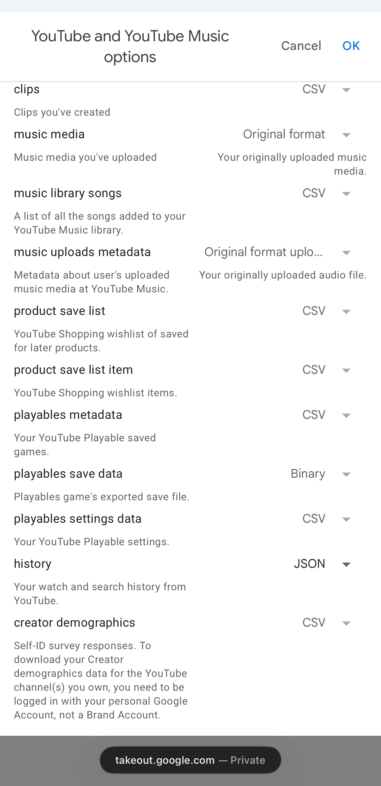 YouTube options: history set to JSON format