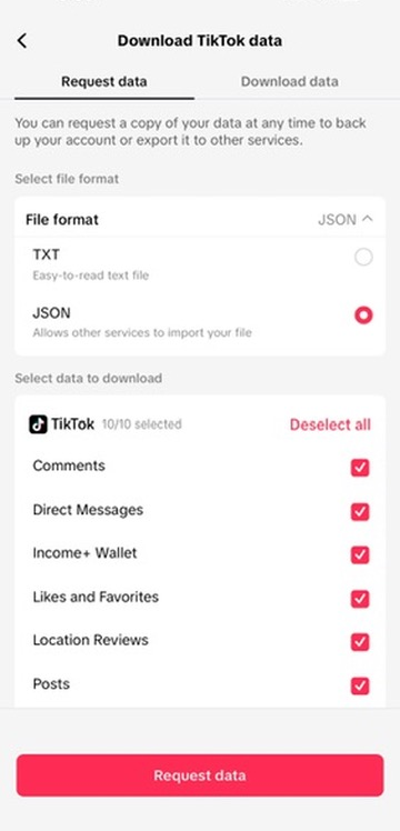 TikTok Download your data screen: JSON format, all data selected